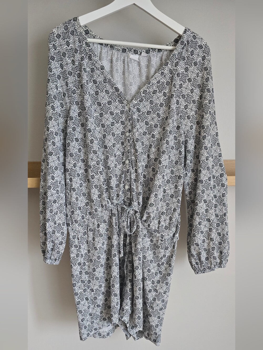 GAP Black & White Printed Long-Sleeve Romper with Tie Waist